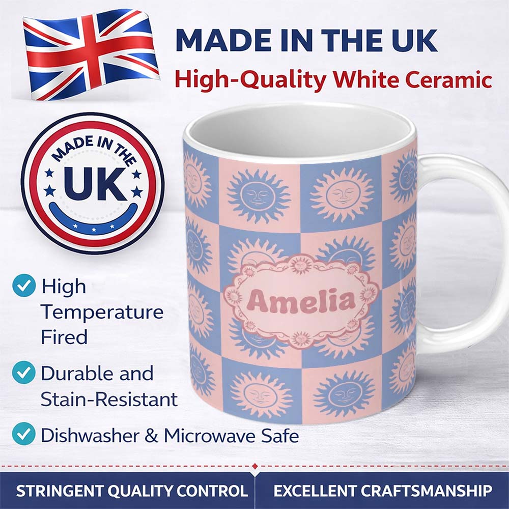 Personalized Custom Name Cute Blue Pink Sun Face Checkerboard Celestial Seamless Pattern Name 11oz Ceramic Coffee Tea Mug White Large Handle