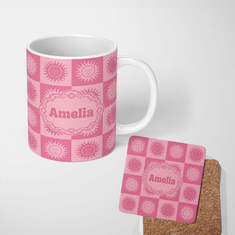 Personalized Custom Name Cute Pink Tone Sun Face Checkerboard Celestial Seamless Pattern Name 11oz Ceramic Coffee Tea Mug White Large Handle