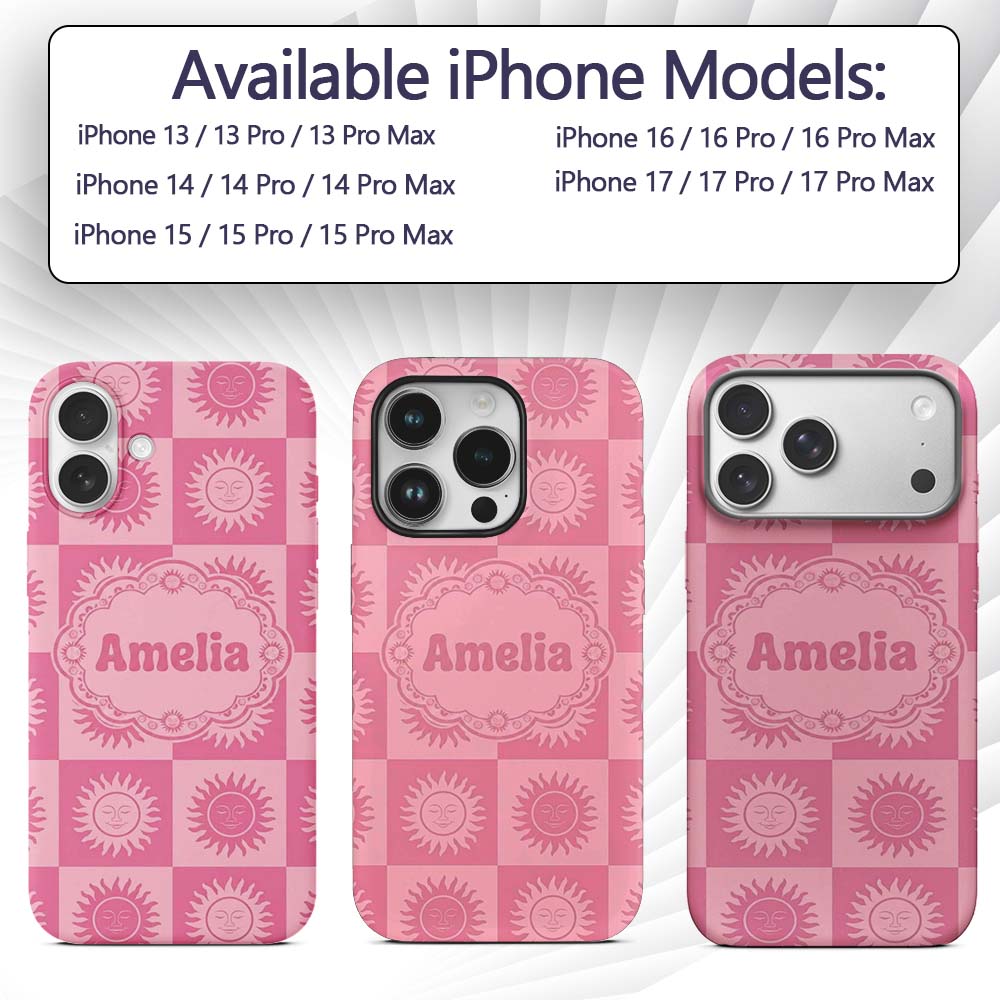 Cute Pink Tone Sun Face Checkerboard Celestial Custom Name Protective Phone Case Mobile Cover Durable Everyday Smartphone Shock Resistant