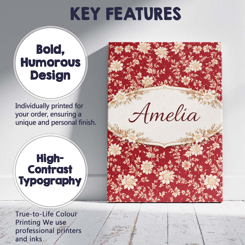 Personalised Name Classic Red and Cream Floral Seamless Pattern Custom Statement Canvas Wall Art Print Decor Picture Ready to Hang