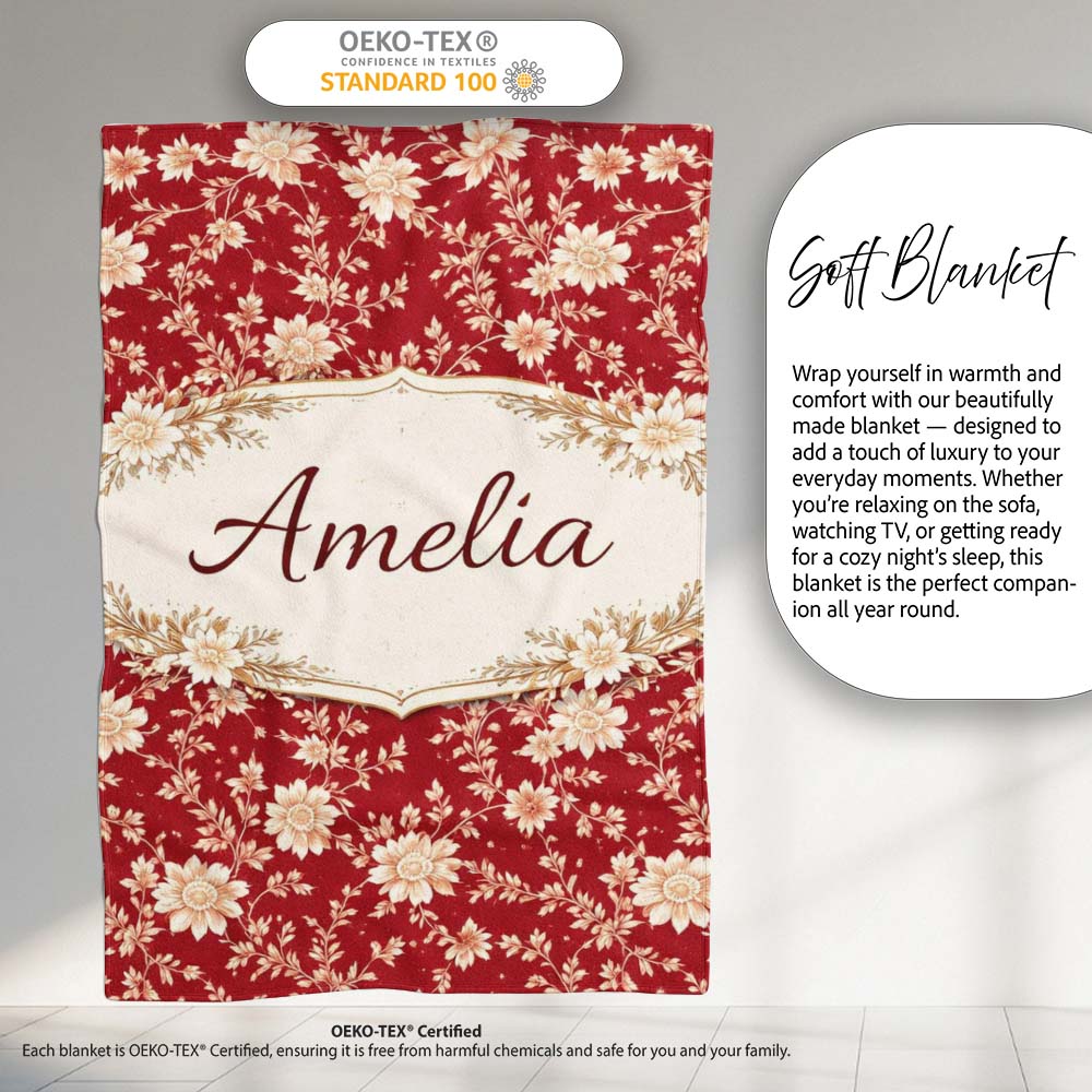 Classic Red and Cream Floral Seamless Pattern Stylish Everyday Personalised Custom Name Super Soft Fleece Blanket Bed Sofa Throw