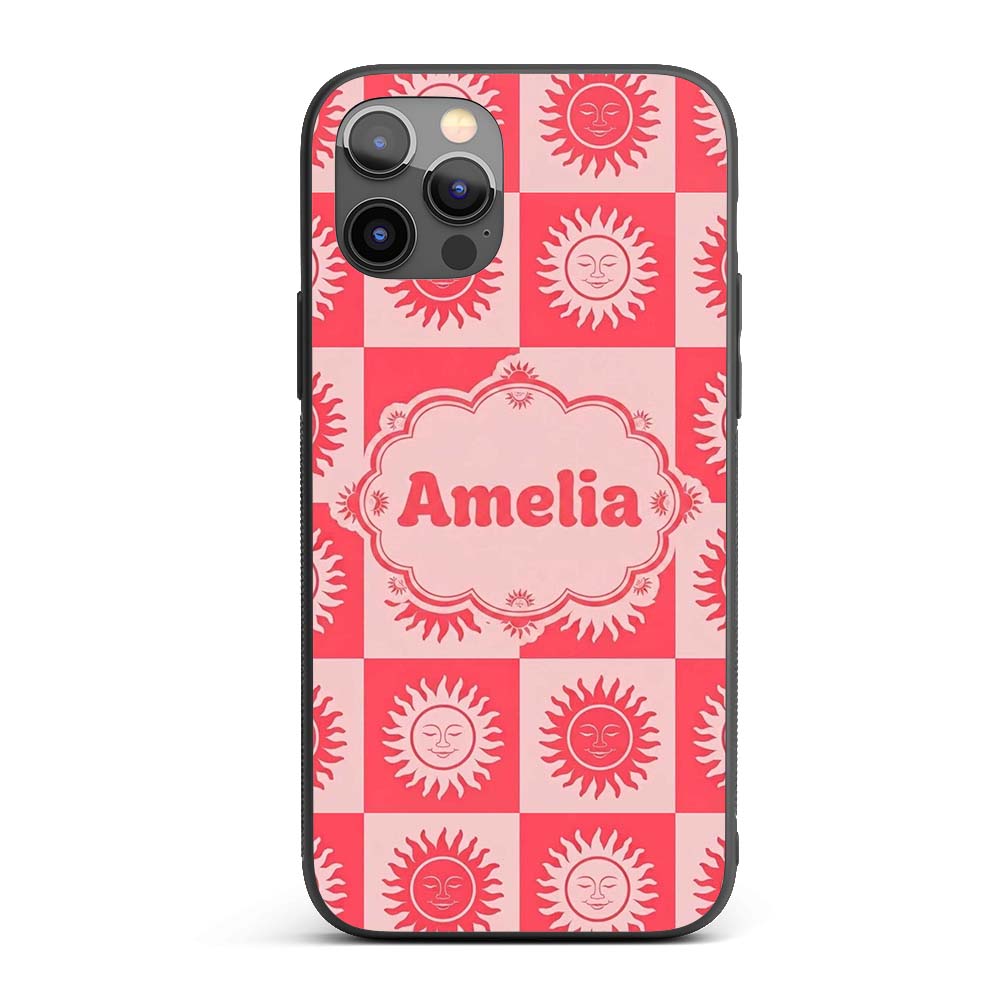 Cute Red Sun Face Checkerboard Celestial Seamless Custom Name Protective Phone Case Mobile Cover Durable Everyday Smartphone Shock Resistant