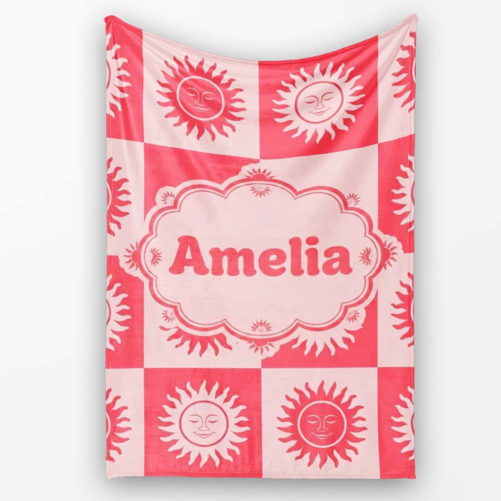 Cute Red Sun Face Checkerboard Celestial Seamless Pattern Name Personalised Custom Name Super Soft Fleece Blanket Bed Sofa Throw