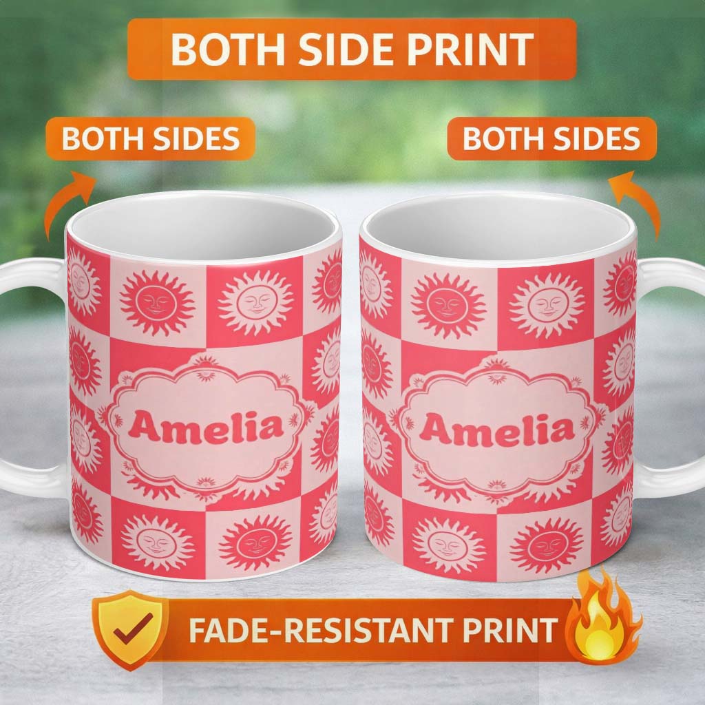Personalized Custom Name Cute Red Sun Face Checkerboard Celestial Seamless Pattern Name 11oz Ceramic Coffee Tea Mug White Large Handle