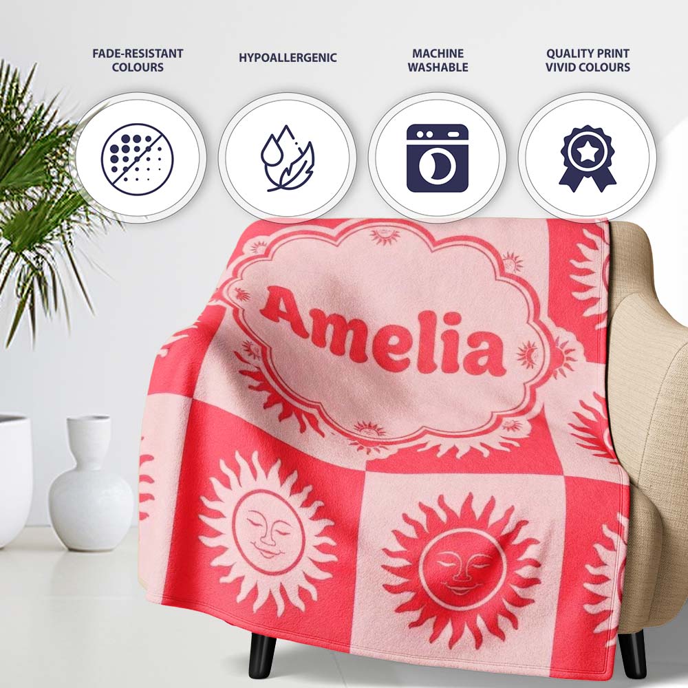 Cute Red Sun Face Checkerboard Celestial Seamless Pattern Name Personalised Custom Name Super Soft Fleece Blanket Bed Sofa Throw