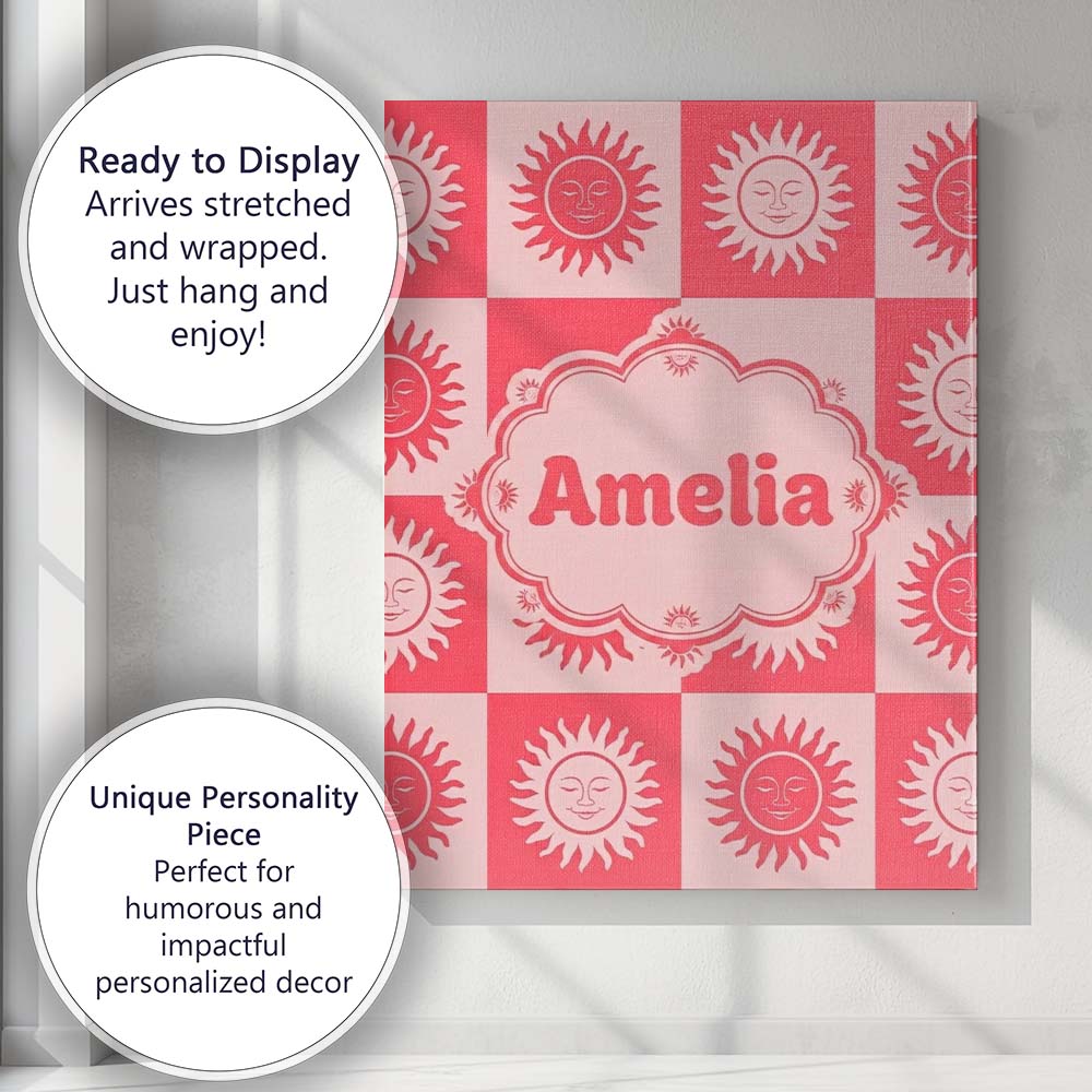 Personalised Name Cute Red Sun Face Checkerboard Celestial Custom Stylish Home Interior Canvas Wall Art Print Decor Picture Ready to Hang