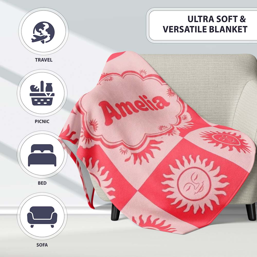 Cute Red Sun Face Checkerboard Celestial Seamless Pattern Name Personalised Custom Name Super Soft Fleece Blanket Bed Sofa Throw