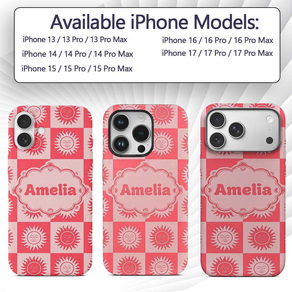 Cute Red Sun Face Checkerboard Celestial Seamless Custom Name Protective Phone Case Mobile Cover Durable Everyday Smartphone Shock Resistant