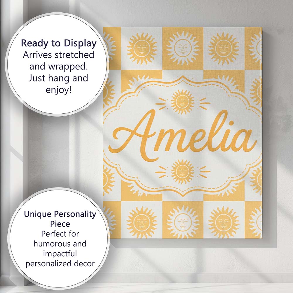 Personalised Name Cute Yellow Sun Face Custom Modern Room Accent Elegant Feature Canvas Wall Art Print Decor Picture Ready to Hang