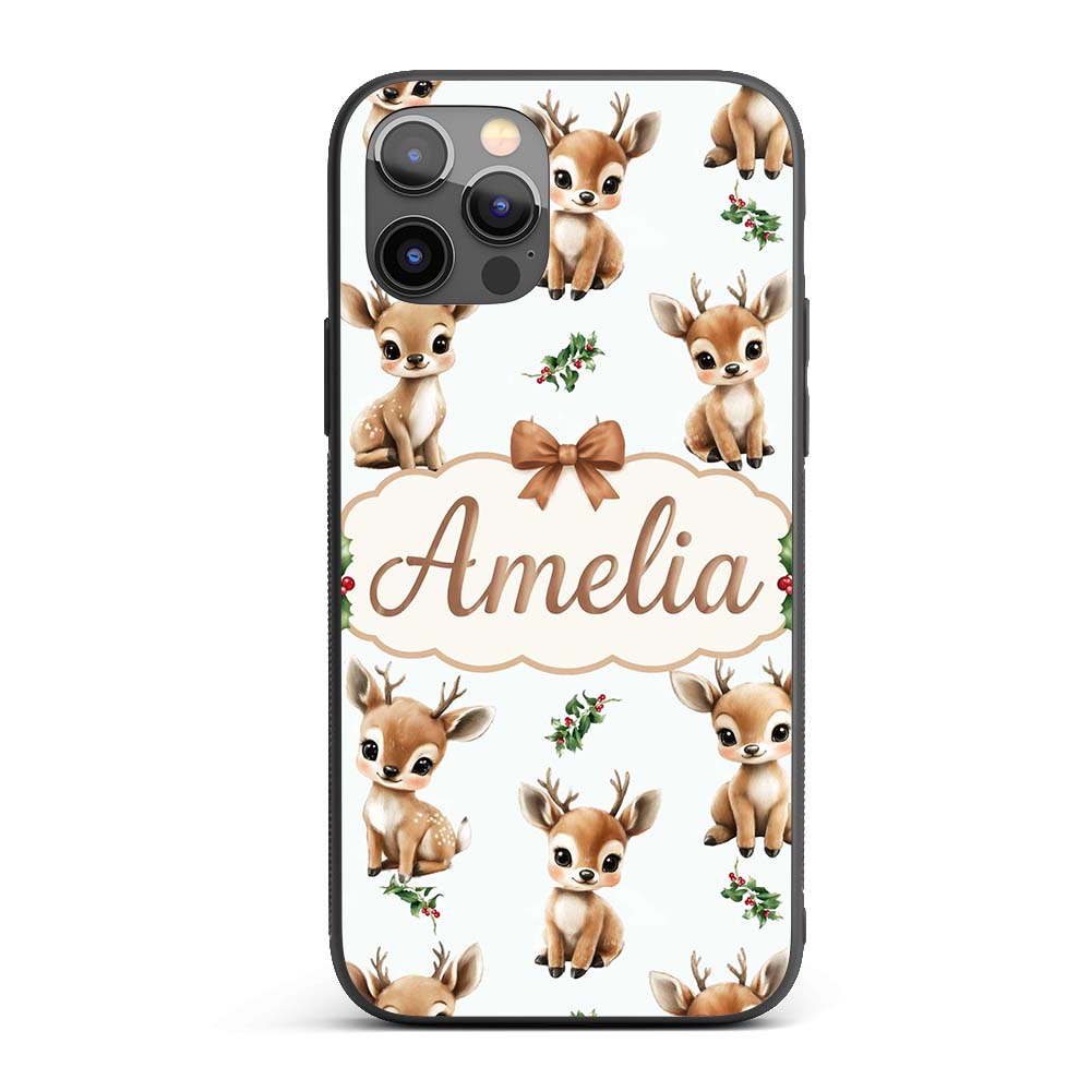 Cute Baby Reindeer Holly Christmas Printed Design Custom Name Protective Phone Case Mobile Cover Durable Everyday Smartphone Shock Resistant
