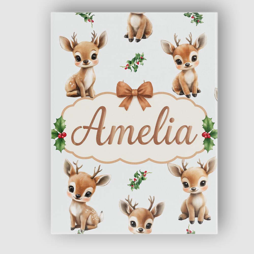 Personalised Name Cute Baby Reindeer Holly Christmas Seamless Custom Contemporary Display Canvas Wall Art Print Decor Picture Ready to Hang