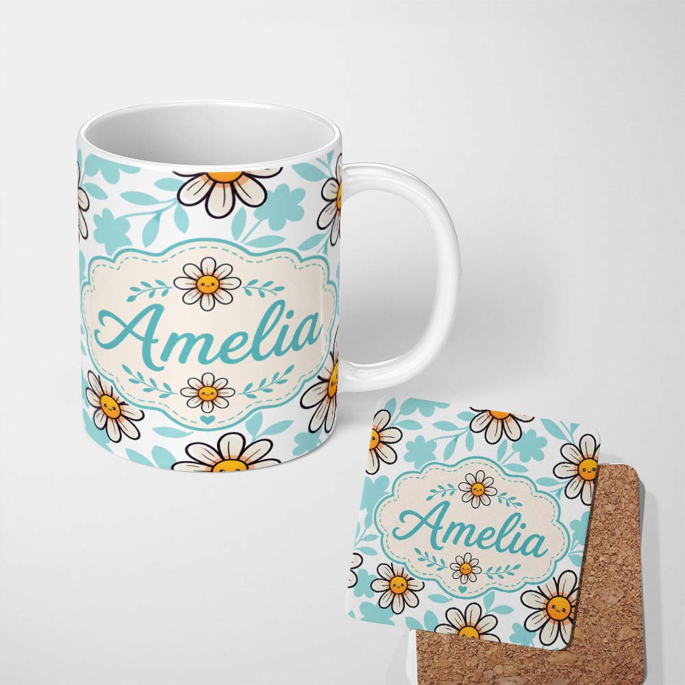Personalized Custom Name Cute Kawaii Daisy Flowers Soft Blue Leaves Seamless Pattern Name 11oz Ceramic Coffee Tea Mug White Large Handle