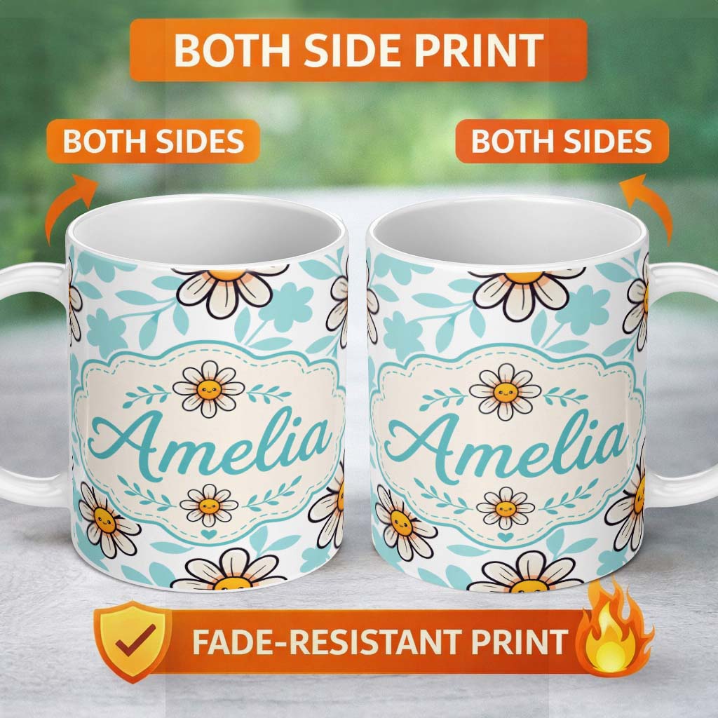 Personalized Custom Name Cute Kawaii Daisy Flowers Soft Blue Leaves Seamless Pattern Name 11oz Ceramic Coffee Tea Mug White Large Handle