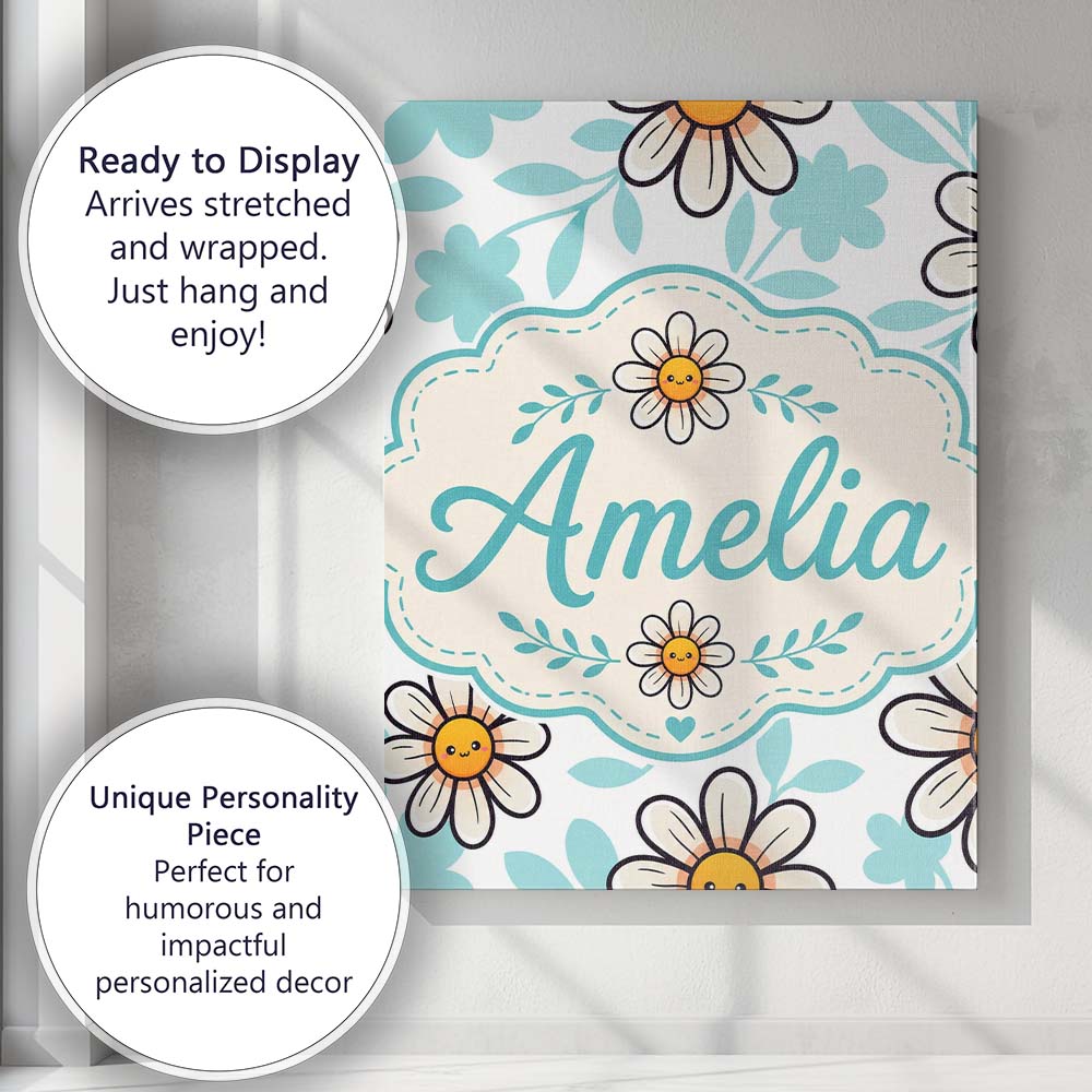 Personalised Name Cute Kawaii Daisy Flowers Custom Bespoke Interior Contemporary Canvas Wall Art Print Decor Picture Ready to Hang