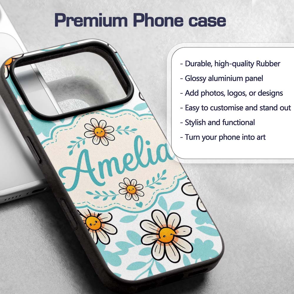 Cute Kawaii Daisy Flowers Soft Printed Design Custom Name Protective Phone Case Mobile Cover Durable Everyday Smartphone Shock Resistant