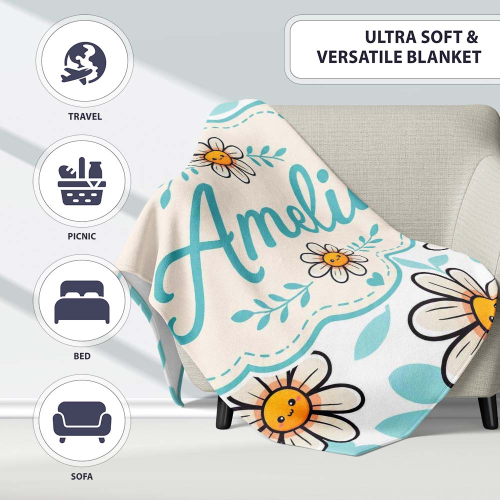 Cute Kawaii Daisy Flowers Soft Blue Leaves Seamless Pattern Name Personalised Custom Name Super Soft Fleece Blanket Bed Sofa Throw