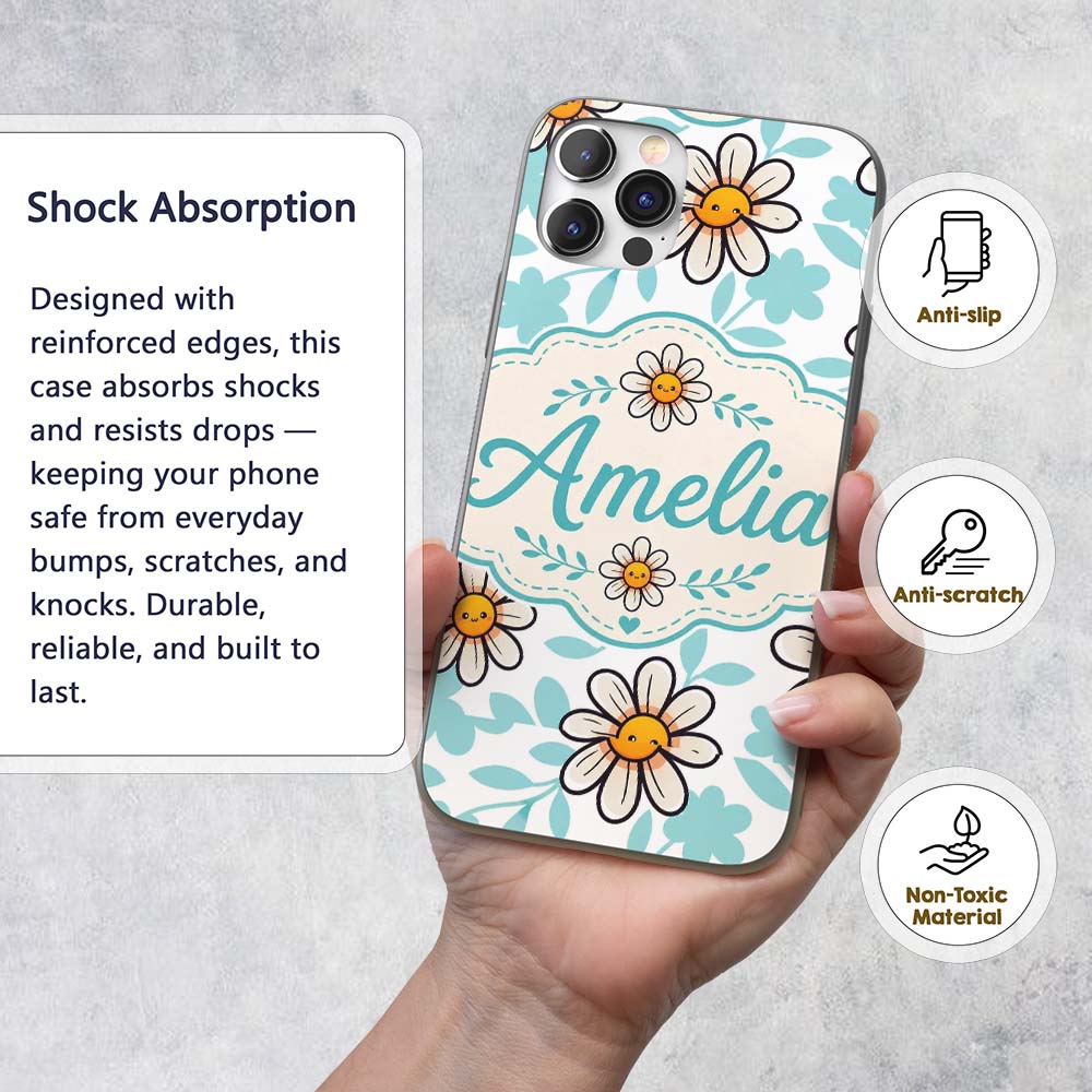 Cute Kawaii Daisy Flowers Soft Printed Design Custom Name Protective Phone Case Mobile Cover Durable Everyday Smartphone Shock Resistant