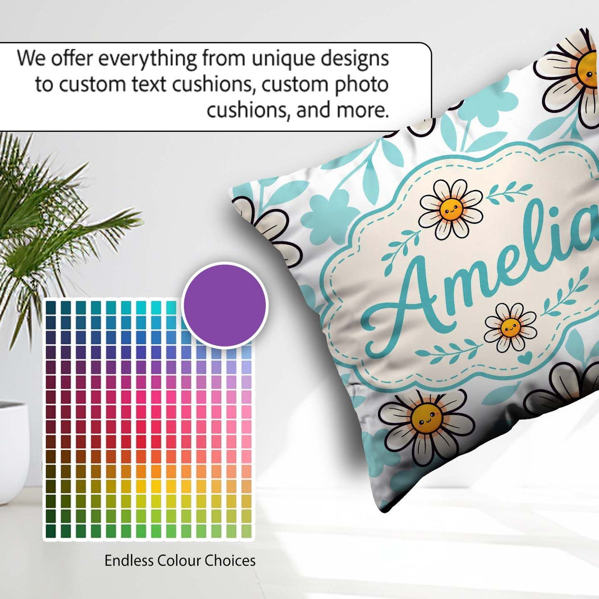 Custom Name Kawaii Daisy Flowers Soft Blue Seamless Pattern Name Square Filled Cushion Throw Pillow Sofa Bed Home Decor Zip Washable UK Made