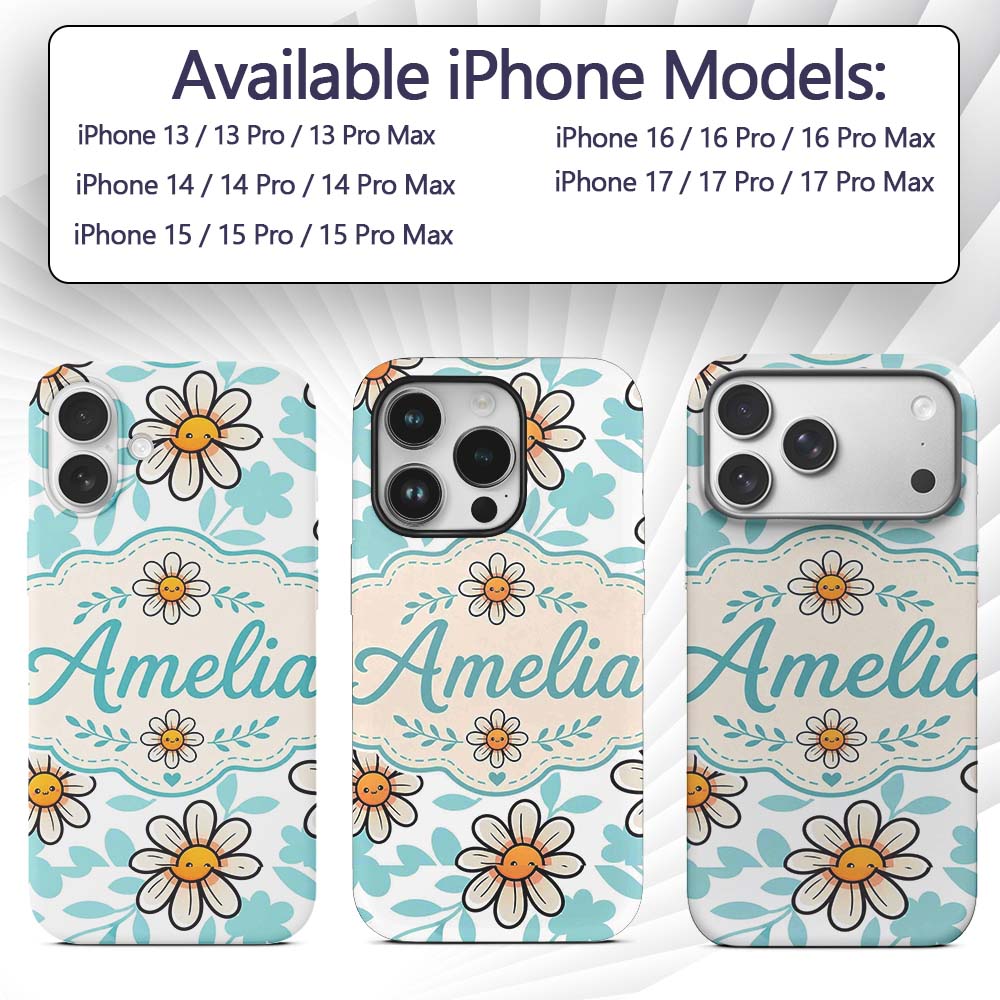 Cute Kawaii Daisy Flowers Soft Printed Design Custom Name Protective Phone Case Mobile Cover Durable Everyday Smartphone Shock Resistant