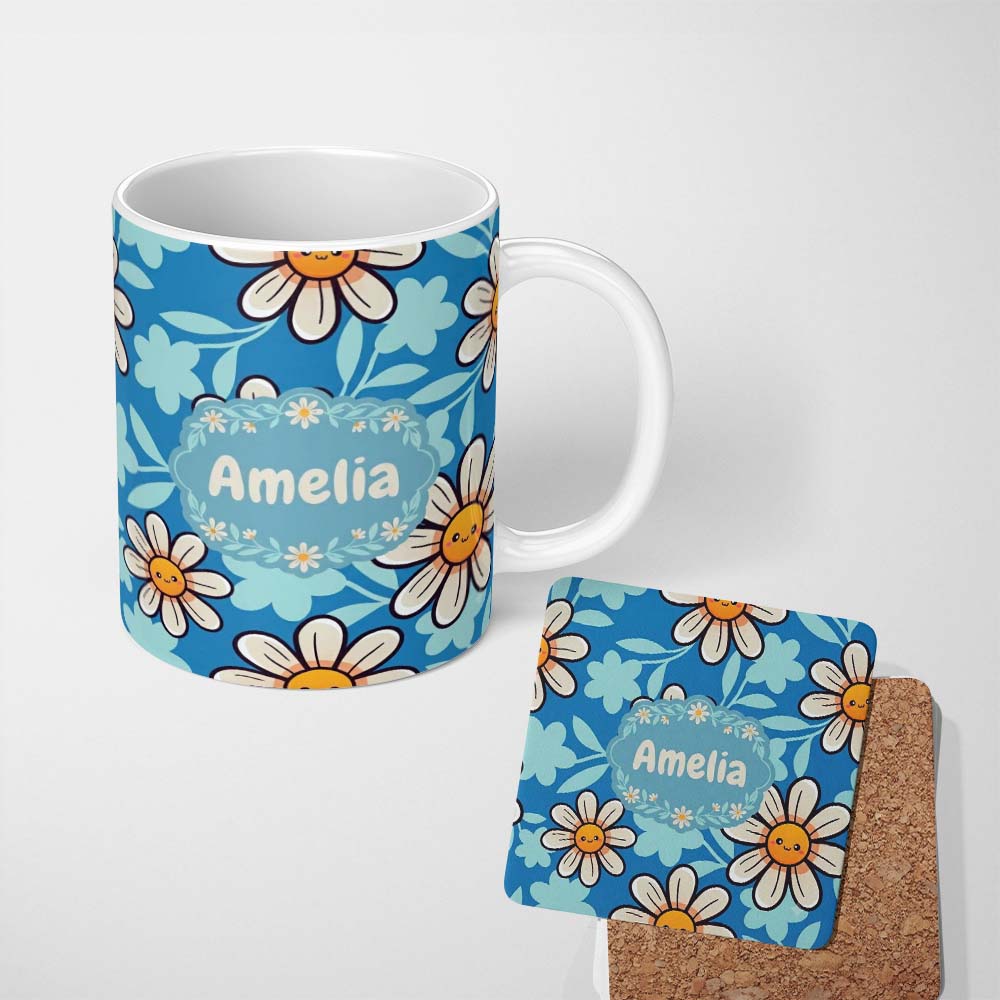 Personalized Custom Name Cute Kawaii Daisy Flowers Blue Background Seamless Pattern Name 11oz Ceramic Coffee Tea Mug White Large Handle