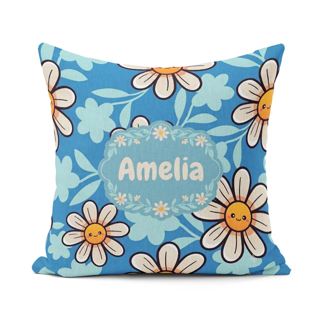 Custom Name Cute Kawaii Daisy Flowers Blue Seamless Pattern Name Square Filled Cushion Throw Pillow Sofa Bed Home Decor Zip Washable UK Made