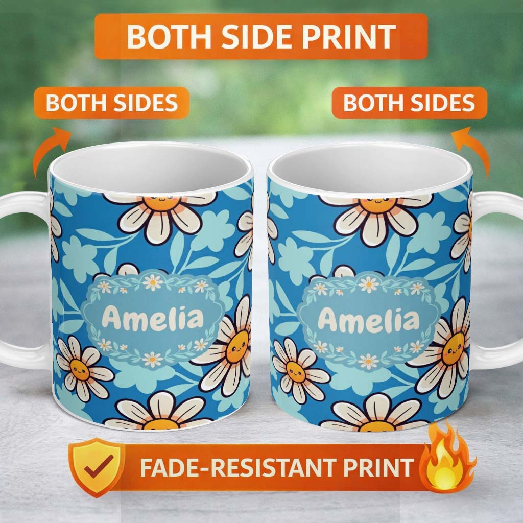 Personalized Custom Name Cute Kawaii Daisy Flowers Blue Background Seamless Pattern Name 11oz Ceramic Coffee Tea Mug White Large Handle