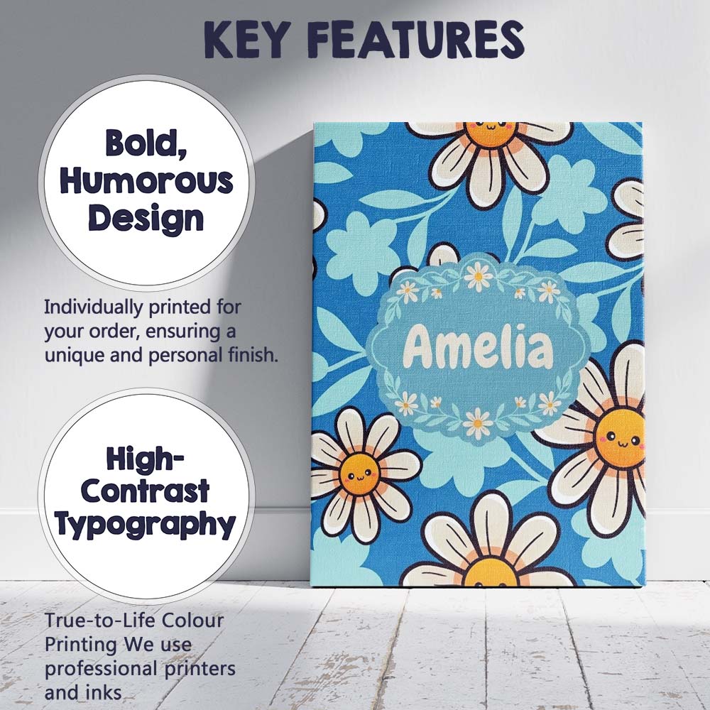 Personalised Name Cute Kawaii Daisy Flowers Custom Bespoke Interior Contemporary Canvas Wall Art Print Decor Picture Ready to Hang