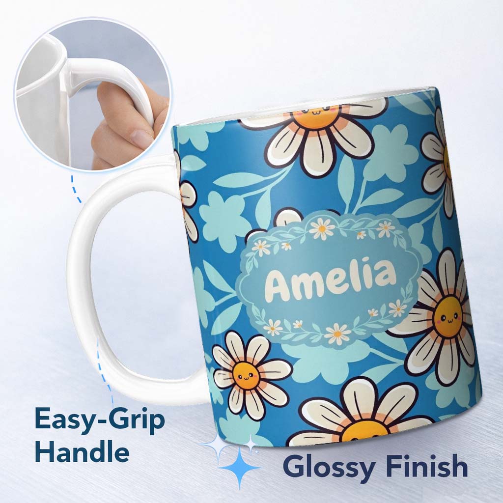Personalized Custom Name Cute Kawaii Daisy Flowers Blue Background Seamless Pattern Name 11oz Ceramic Coffee Tea Mug White Large Handle