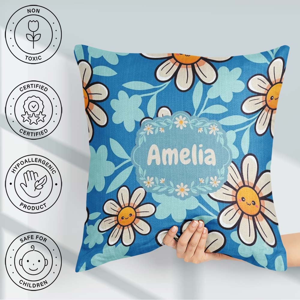 Custom Name Cute Kawaii Daisy Flowers Blue Seamless Pattern Name Square Filled Cushion Throw Pillow Sofa Bed Home Decor Zip Washable UK Made