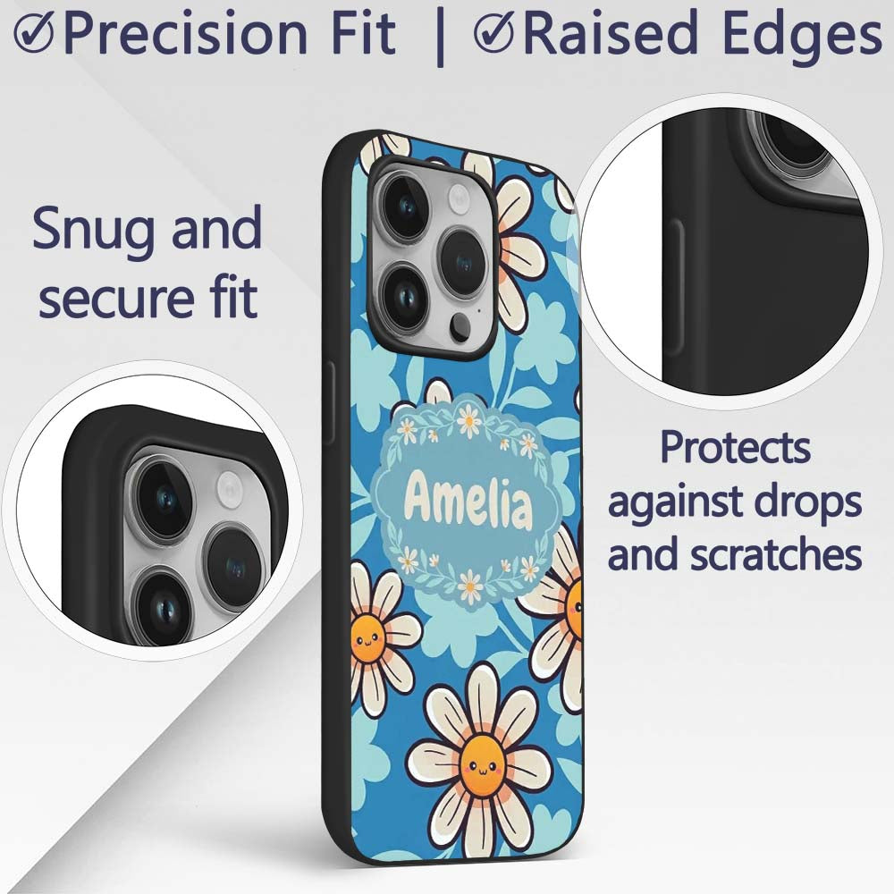 Cute Kawaii Daisy Flowers Blue Printed Design Custom Name Protective Phone Case Mobile Cover Durable Everyday Smartphone Shock Resistant