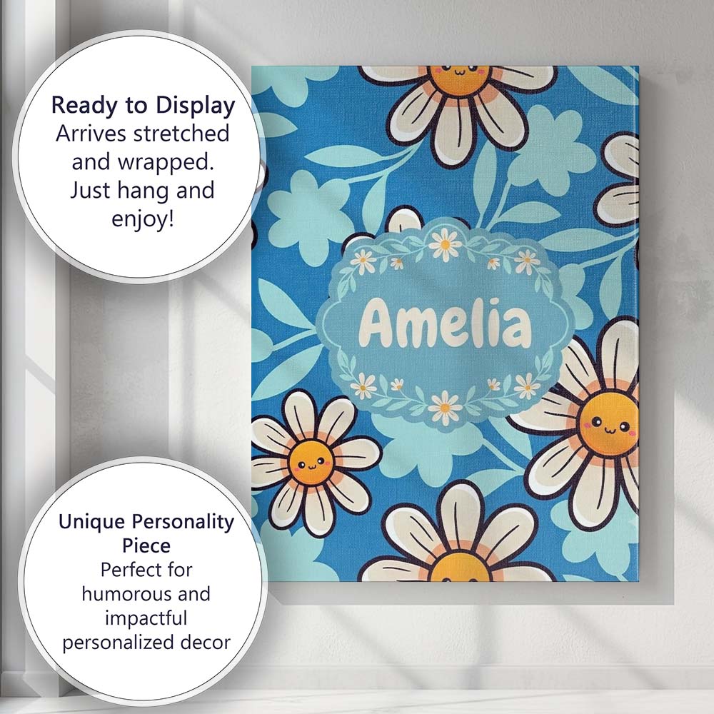 Personalised Name Cute Kawaii Daisy Flowers Custom Bespoke Interior Contemporary Canvas Wall Art Print Decor Picture Ready to Hang