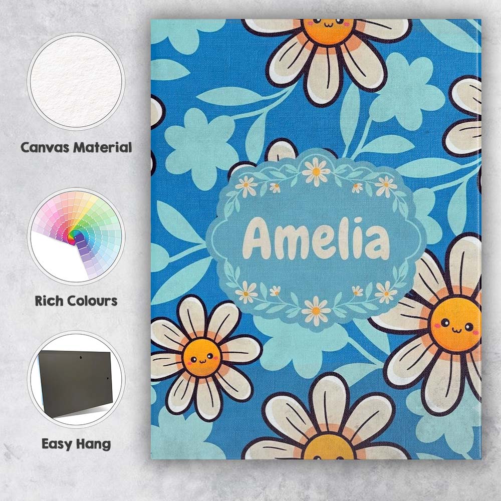 Personalised Name Cute Kawaii Daisy Flowers Custom Bespoke Interior Contemporary Canvas Wall Art Print Decor Picture Ready to Hang