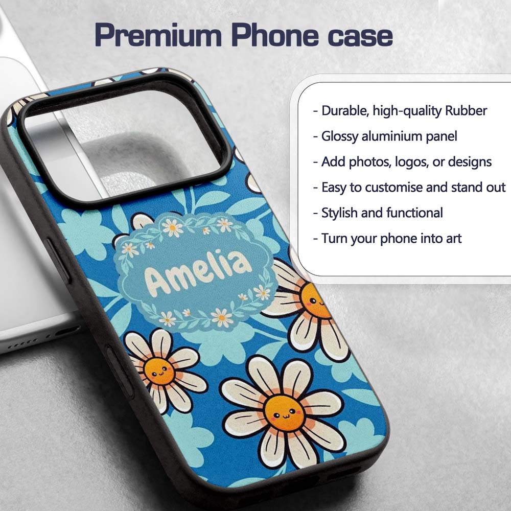 Cute Kawaii Daisy Flowers Blue Printed Design Custom Name Protective Phone Case Mobile Cover Durable Everyday Smartphone Shock Resistant