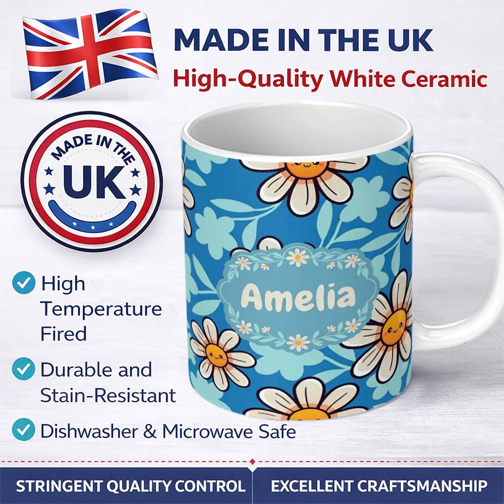 Personalized Custom Name Cute Kawaii Daisy Flowers Blue Background Seamless Pattern Name 11oz Ceramic Coffee Tea Mug White Large Handle