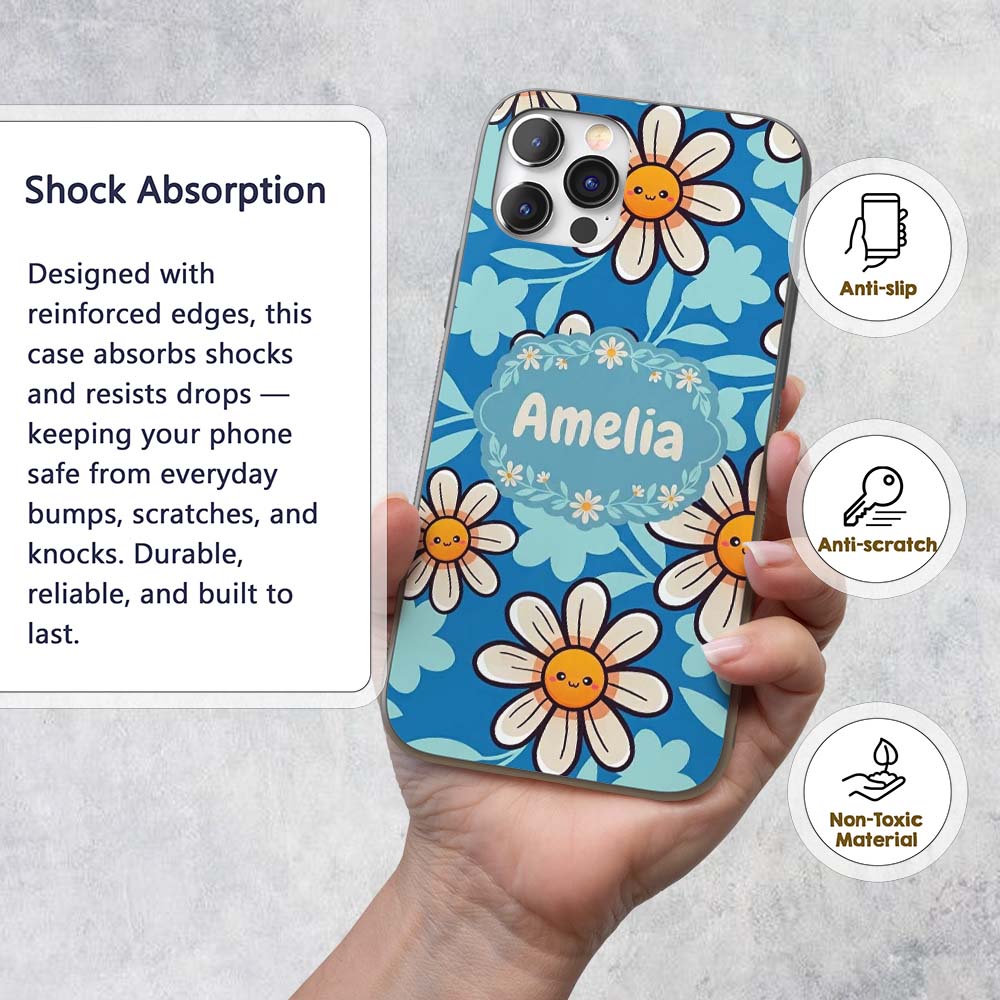 Cute Kawaii Daisy Flowers Blue Printed Design Custom Name Protective Phone Case Mobile Cover Durable Everyday Smartphone Shock Resistant