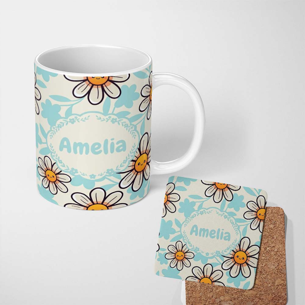 Personalized Custom Name Cute Kawaii Daisy Flowers Neutral Beige Seamless Pattern Name 11oz Ceramic Coffee Tea Mug White Large Handle