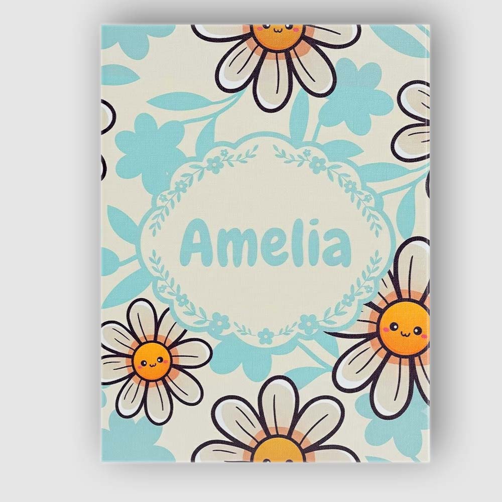 Personalised Name Cute Kawaii Daisy Flowers Custom Bespoke Interior Contemporary Canvas Wall Art Print Decor Picture Ready to Hang