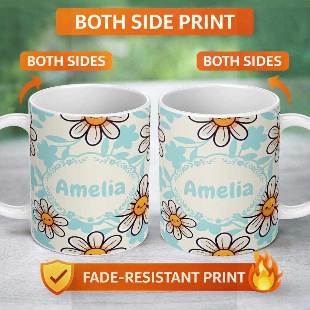 Personalized Custom Name Cute Kawaii Daisy Flowers Neutral Beige Seamless Pattern Name 11oz Ceramic Coffee Tea Mug White Large Handle