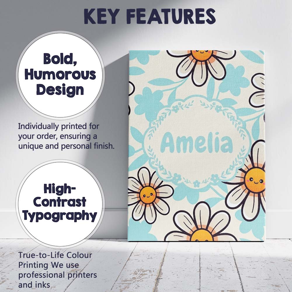 Personalised Name Cute Kawaii Daisy Flowers Custom Bespoke Interior Contemporary Canvas Wall Art Print Decor Picture Ready to Hang