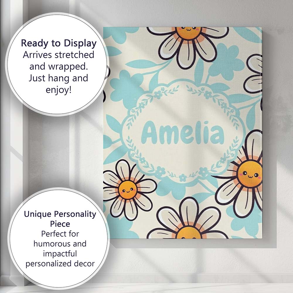 Personalised Name Cute Kawaii Daisy Flowers Custom Bespoke Interior Contemporary Canvas Wall Art Print Decor Picture Ready to Hang