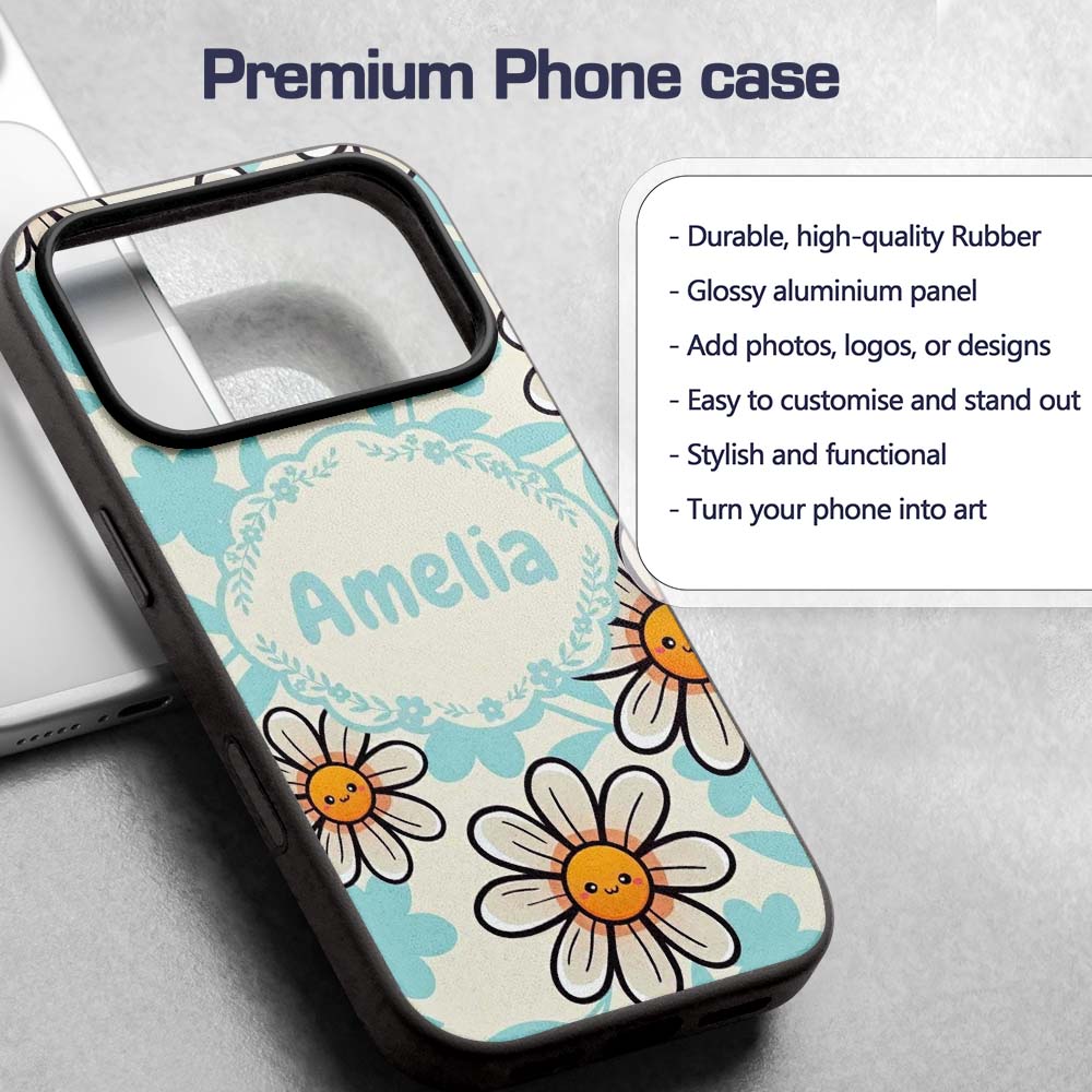 Cute Kawaii Daisy Flowers Neutral Beige Seamless Custom Name Protective Phone Case Mobile Cover Durable Everyday Smartphone Shock Resistant
