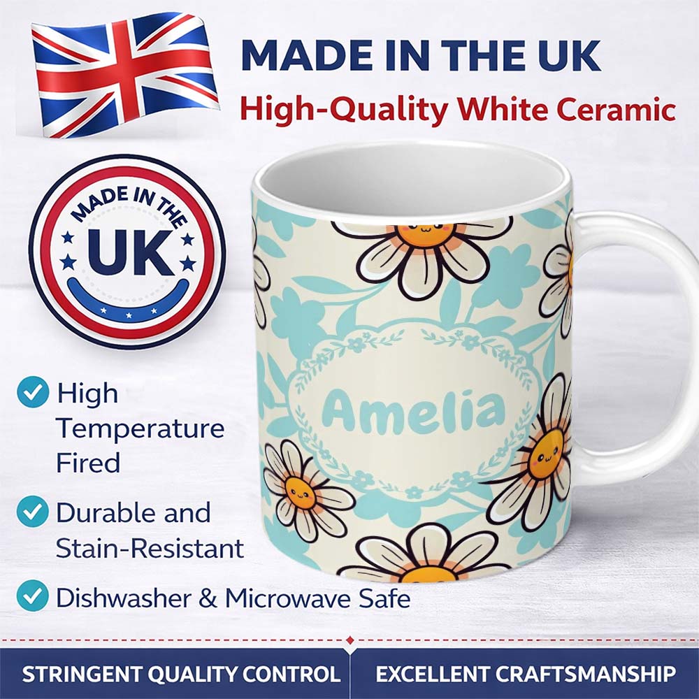 Personalized Custom Name Cute Kawaii Daisy Flowers Neutral Beige Seamless Pattern Name 11oz Ceramic Coffee Tea Mug White Large Handle