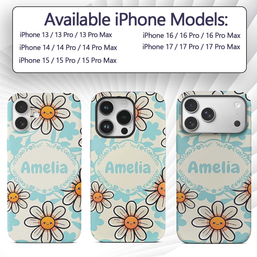 Cute Kawaii Daisy Flowers Neutral Beige Seamless Custom Name Protective Phone Case Mobile Cover Durable Everyday Smartphone Shock Resistant