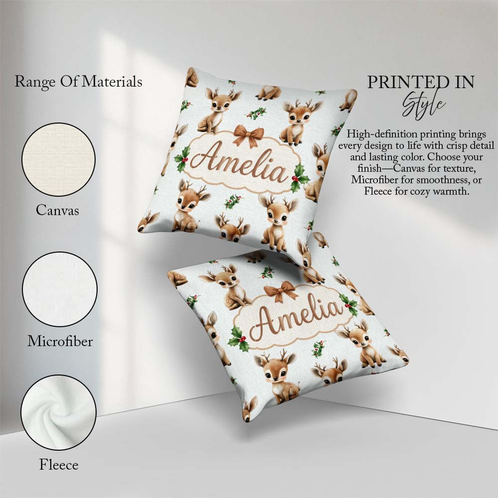Custom Name Cute Baby Reindeer Holly Christmas Seamless Pattern Square Filled Cushion Throw Pillow Sofa Bed Home Decor Zip Washable UK Made