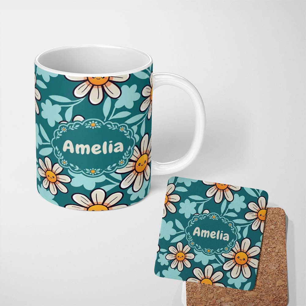 Personalized Custom Name Cute Kawaii Daisy Flowers Dark Teal Seamless Pattern Name Unique 11oz Ceramic Coffee Tea Mug White Large Handle