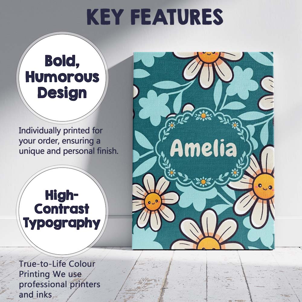 Personalised Name Cute Kawaii Daisy Flowers Custom Bespoke Interior Contemporary Canvas Wall Art Print Decor Picture Ready to Hang