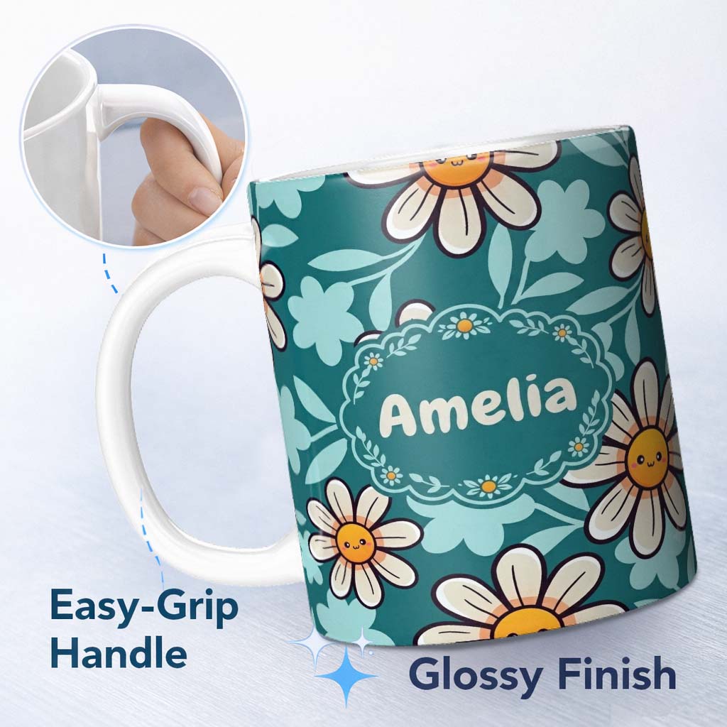 Personalized Custom Name Cute Kawaii Daisy Flowers Dark Teal Seamless Pattern Name Unique 11oz Ceramic Coffee Tea Mug White Large Handle