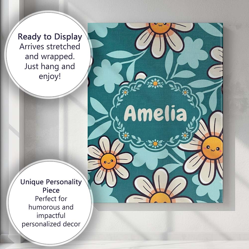 Personalised Name Cute Kawaii Daisy Flowers Custom Bespoke Interior Contemporary Canvas Wall Art Print Decor Picture Ready to Hang