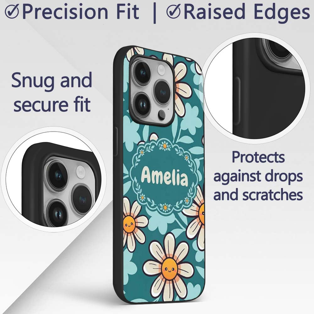 Cute Kawaii Daisy Flowers Dark Teal Seamless Custom Name Protective Phone Case Mobile Cover Durable Everyday Smartphone Shock Resistant