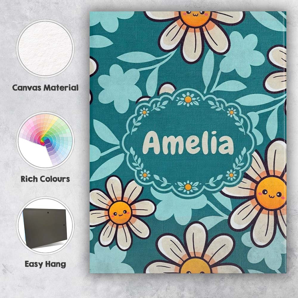 Personalised Name Cute Kawaii Daisy Flowers Custom Bespoke Interior Contemporary Canvas Wall Art Print Decor Picture Ready to Hang